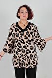 Truva Xxl Büyük Beden V Yaka Bluz Leopar B035