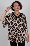 Truva Xxl Büyük Beden V Yaka Bluz Leopar B035