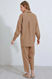 Oversize Rahat Kalıp Keten Alt Üst Takım - Camel