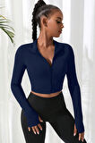 Kadın Lacivert Uzun Kol Fermuarlı Parmak Geçme Detaylı Dik Yaka Crop Top Bluz