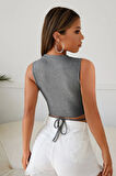 Kadın Gri Çapraz Bağlamalı Crop Top Büstiyer
