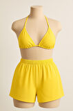 Kadın Sarı Şortlu Belden Ve Boyundan Bağlamalı Bikini Takımı