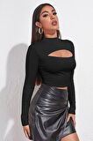 Kadın Siyah Göğüs Dekolteli Uzun Kollu Cut Out Crop Top Bluz