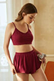 Kadın Bordo Şortlu Kaşkorse Gecelik Takım