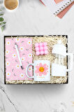 Papatya Defter & Beyaz Tükenmez Kalem & Kupa & Beyaz French Press & Pembe Bubble Mum Hediye Seti