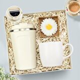 Beyaz Mat Kupa & Kişiye Özel 350 Ml Beyaz Kaydırmaz Dereceli Termos & Kraft Kutulu Mum Hediye Seti