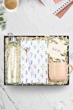 Beyaz Çiçek Defter & Diamond Kalem & Bambu Kapaklı Cam Matara & Kupa Hediye Seti