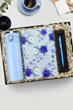 Mavi Kilitli Dereceli Termos & Mavi Tasarım Defter & Mavi Touch Pen Hediye Seti