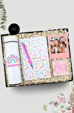 Tasarım Dereceli Termos & Konfeti Defter & Pembe Tükenmez Kalem & Lotus Mum & Çerçeve Hediye Seti