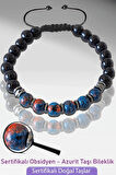  Sertifikalı Gerçek Doğal Obsidyen - Azurit Taşı Bileklik - Ayarlamalı