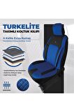 Türkelite Serisi Baklava Desenli Kumaş Deri Detay Koltuk Kılıfı Takımı Oturak 2+1  Sırt Dayama 2+1 Mavi