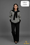Kadın Triko Pantolon Takım Çizgili Atkı Detaylı Bisiklet Yaka Takım