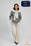 Kadın Triko Pantolon Takım Çizgili Atkı Detaylı Bisiklet Yaka Takım