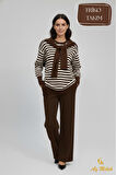Kadın Triko Pantolon Takım Çizgili Atkı Detaylı Bisiklet Yaka Takım