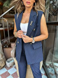 Çizgili Yelekli Casual Takım