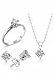 Sertifikalı Swarovski Taş Zarif Tektaş 925 Gümüş Set Takım