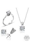 Sertifikalı Swarovski Taşlı Tektaş 925 Gümüş Set Takım
