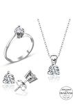 Sertifikalı Swarovski Tek Taş 925 Gümüş Set Takım