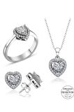 Sertifikalı Swarovski Taşlı Kalp Tektaş 925 Gümüş Set Takım