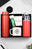 Kırmızı Dereceli Termos- 500 ml Cam Matara- Vintage Kupa- Gofrik Hediye Seti