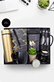 Gold Dereceli Termos-Defter-Roller Kalem-Patiswiss-Siyah Kupa-French Press-Yapay Çiçek-Mum Seti