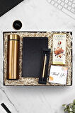 Gold Renk Dereceli Termos & Siyah Defter & Gold Tükenmez Kalem & Godiva Çikolata Hediye Seti