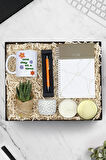 Mermer Desen Defter & Kupa & Canlı Sukulent Çiçek & Tükenmez Kalem & Metal Kutulu Mum Hediye Seti