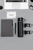 Termo Deri Gri Defter & Siyah Mat Roller Kalem & 3 Bardaklı 500 ML Çelik Termos Hediye Seti