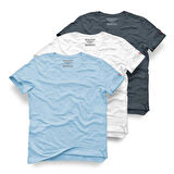 Tarrzz Basic Baskısız Tişört 3’lü Set - % 100 Pamuklu Bisiklet Yaka Basic Tişört- Açık Mavi Basic Tişört - Beyaz Basic Tişört - Füme Basic Tişör