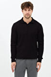 Siyah Erkek Polo Yaka Fitilli Triko Kazak