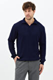Lacivert Erkek Polo Yaka Fitilli Triko Kazak