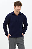 Lacivert Erkek Polo Yaka Fitilli Triko Kazak