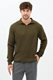 Haki Erkek Polo Yaka Fitilli Triko Kazak