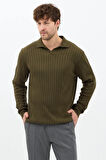 Haki Erkek Polo Yaka Fitilli Triko Kazak