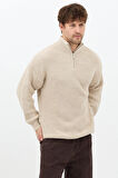 Bej Erkek Oversize Fermuarlı Balıkçı Triko Kazak