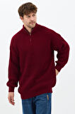 Bordo Erkek Oversize Fermuarlı Balıkçı Triko Kazak