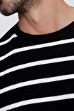 Erkek Siyah Bisiklet Yaka Çizgili Casual Triko Kazak