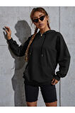 Kadın Siyah Oversize Kapüşonlu Sweatshirt