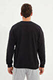Siyah Erkek Boston Baskılı Uzun Kollu Bisiklet Yaka Baskılı Sweatshirt