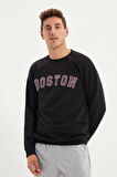 Siyah Erkek Boston Baskılı Uzun Kollu Bisiklet Yaka Baskılı Sweatshirt