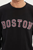Siyah Erkek Boston Baskılı Uzun Kollu Bisiklet Yaka Baskılı Sweatshirt