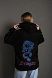 Kadın Siyah Önü Dragon Yazılı Sırt Dragon Baskılı Kapüşonlu Oversize Sweatshirt