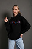 Kadın Siyah Önü Dragon Yazılı Sırt Dragon Baskılı Kapüşonlu Oversize Sweatshirt