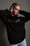 Kadın Siyah Önü Dragon Yazılı Sırt Dragon Baskılı Kapüşonlu Oversize Sweatshirt