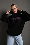 Kadın Siyah Önü Dragon Yazılı Sırt Dragon Baskılı Kapüşonlu Oversize Sweatshirt