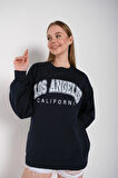 Kadın Lacivert Oversize Los Angeles Baskılı Sweatshirt
