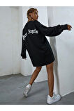 Kadın Siyah Ön Arka Baskılı Pure Angels Oversize Sweatshirt