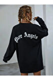 Kadın Siyah Ön Arka Baskılı Pure Angels Oversize Sweatshirt