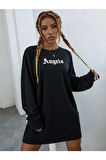 Kadın Siyah Ön Arka Baskılı Pure Angels Oversize Sweatshirt