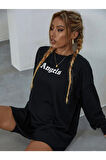 Kadın Siyah Ön Arka Baskılı Pure Angels Oversize Sweatshirt